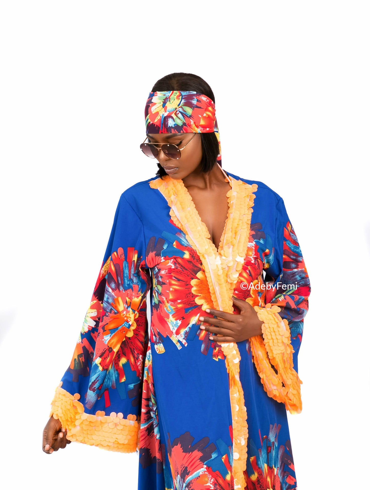 Blue and Orange suprise kimono on model