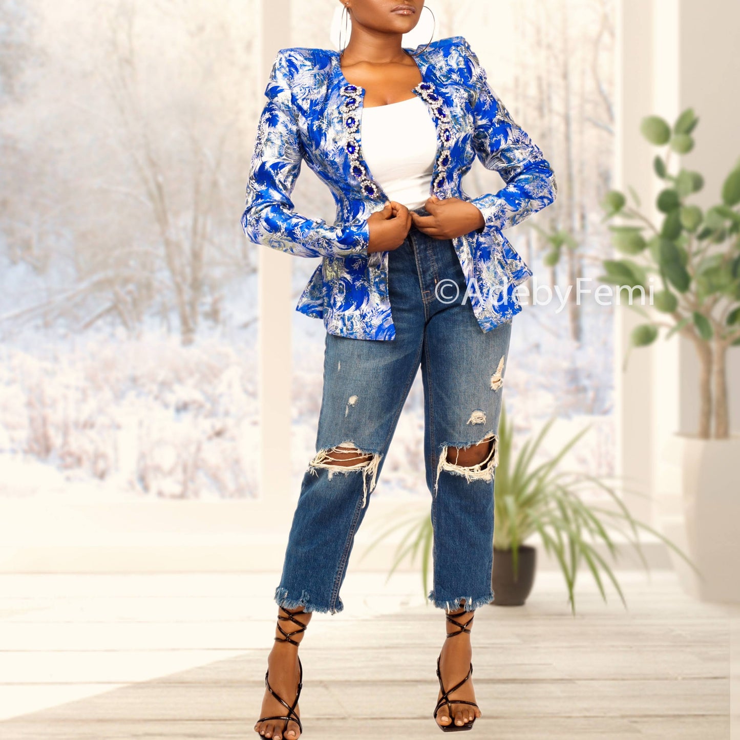 Aqua jacket on model full buttoned